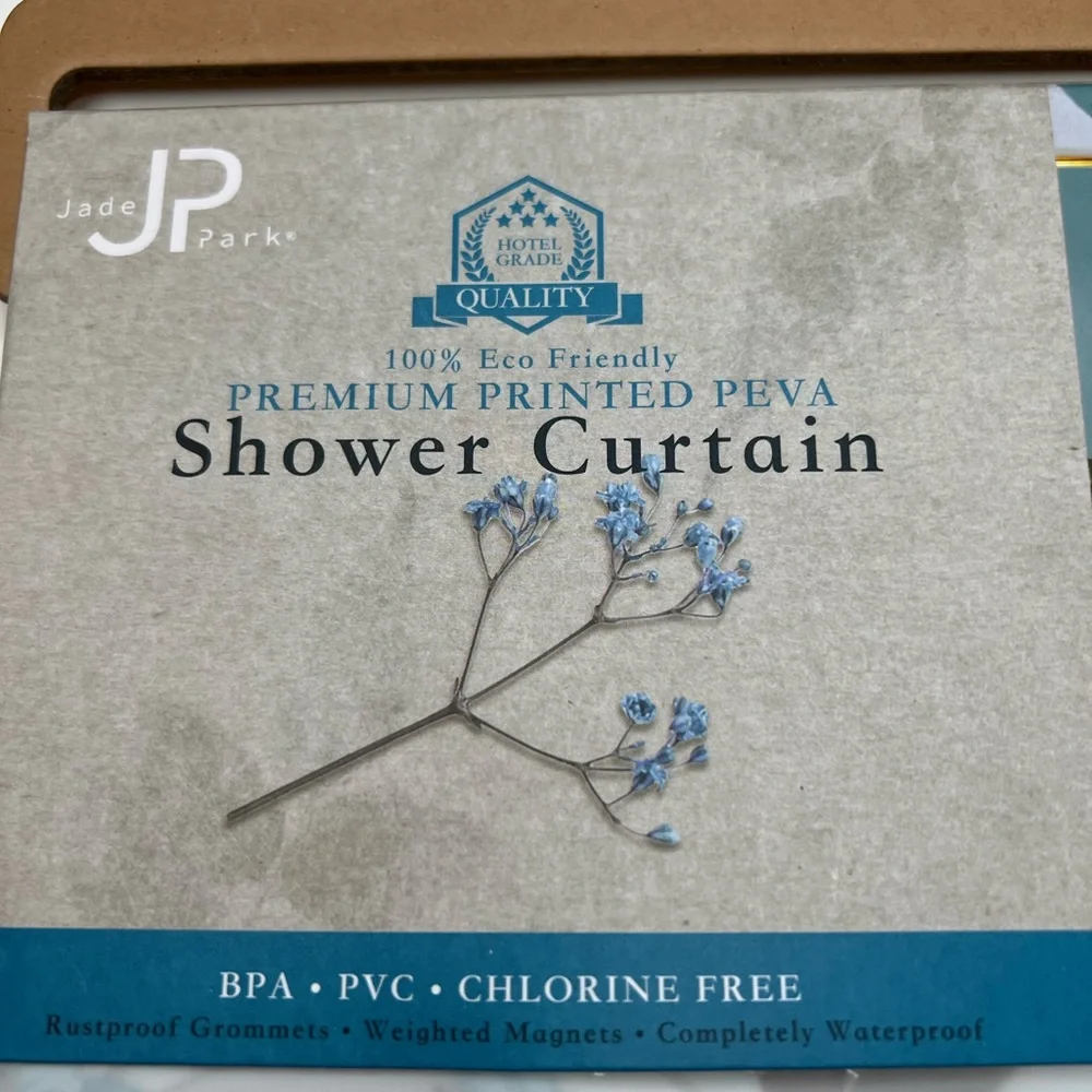 Blue Hawaii Peva Shower Curtain Blue Gray Flowers Leaves Metal Grommets